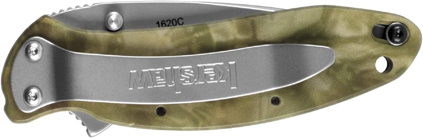 Kershaw Scallion Camo Folding Knife (1620C); 2.4” Bead-Blasted 420HC Stainless Steel Blade, Camo Anodized Aluminum Handle, SpeedSafe Opening, Liner and Tip Lock, Single-Position Pocketclip; 2.5 OZ
