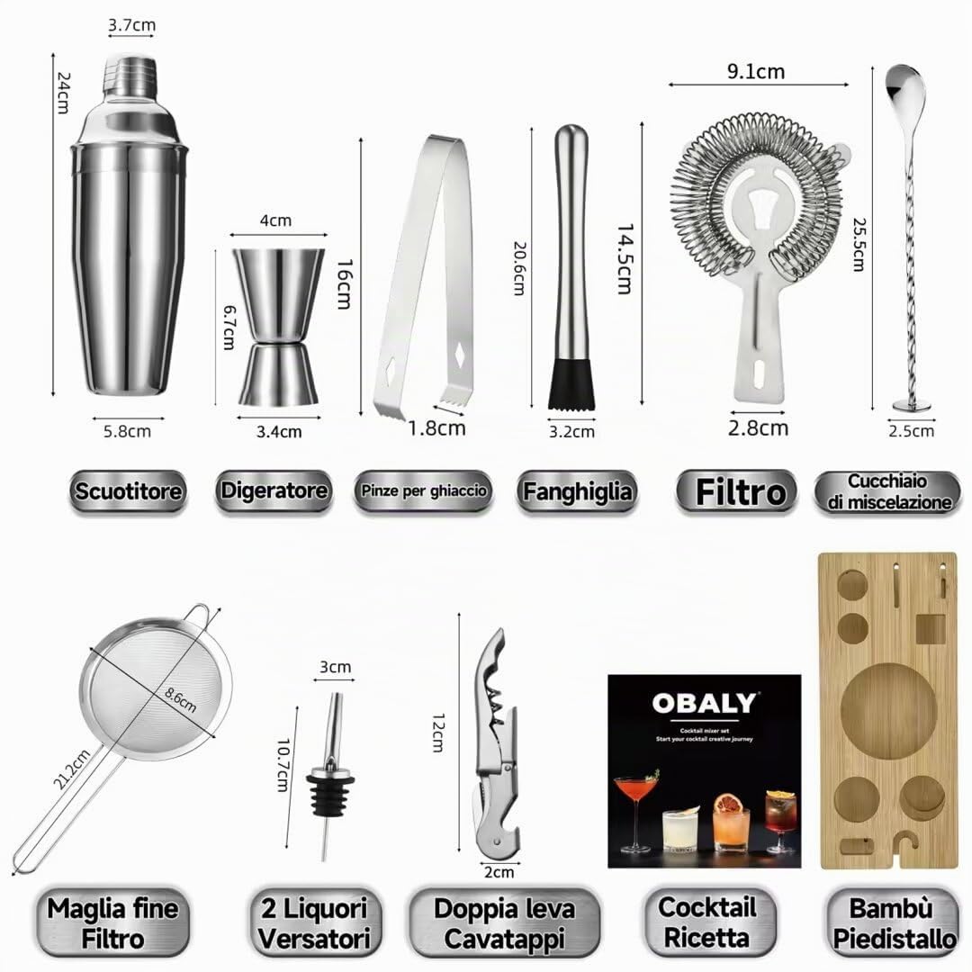Bartender Kit 11-Piezas Coctelera-Mezclador para Cócteles 25oz Boston Shaker-Accesorios de Bar con Elegante Soporte de Bambú Kit Mezclador de Bebidas Kit Martini…