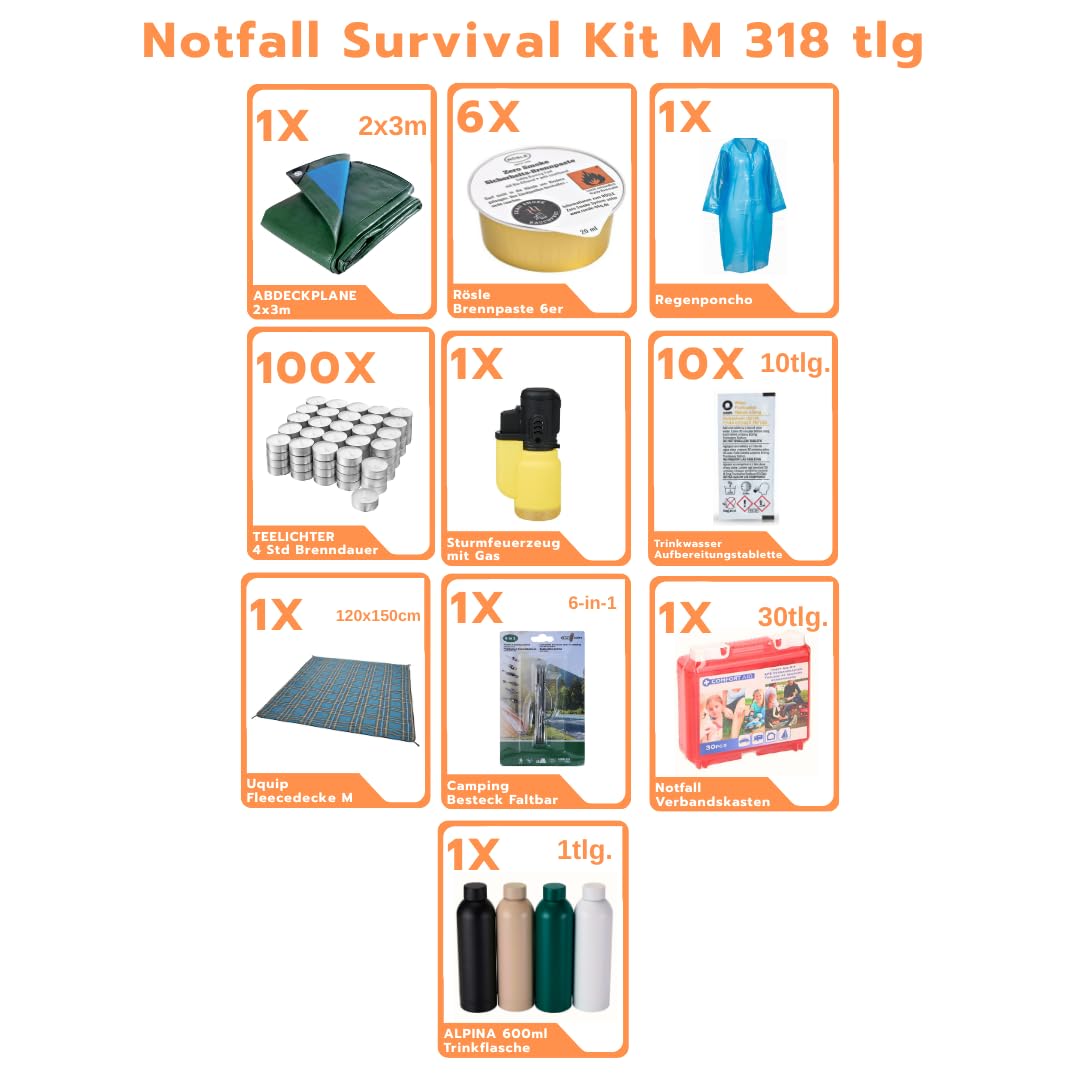 BLACKOUT Notfallset 317 Teile Survival Kit Stromausfall Prepper Ausrüstung mit Wasseraufbereitung Gaskocher Krisenvorsorge Camping Notfallrucksack Outdoor Notfallausrüstung Überlebensausrüstung