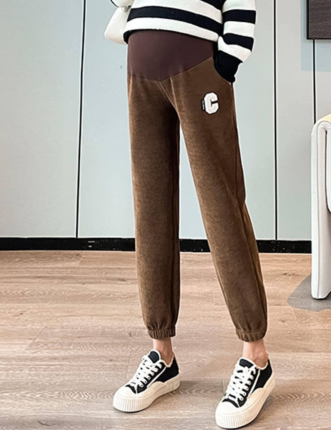Winter Over Bump Maternity Pants Fleece Joggers Pockets Warm Thermal Sweatpants for Pregnant Women