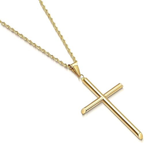 24K Gold Rope Chain Style Cross Pendant 