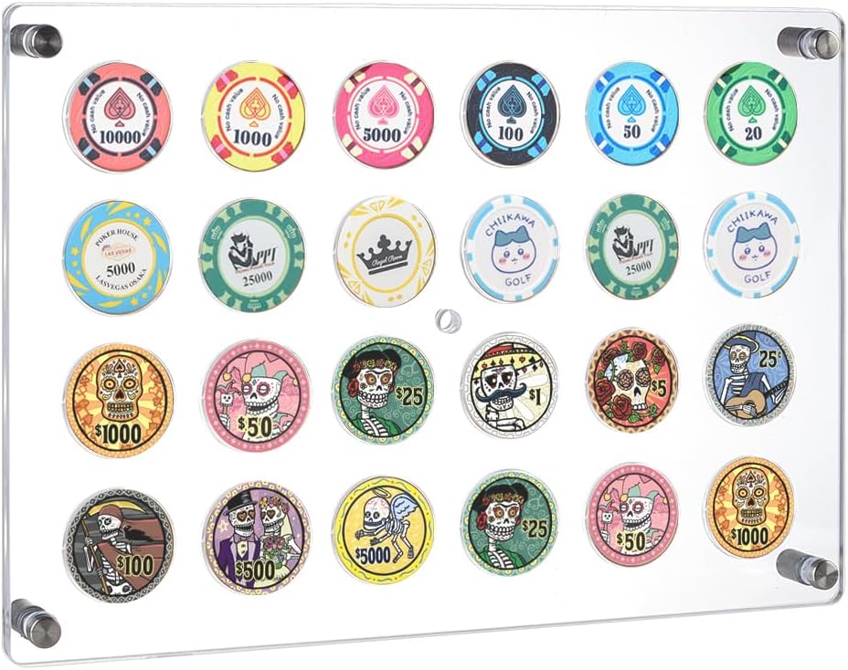 FINGERINSPIRE Casino Chip Display Holder for 24 Chips/Coins 13.4x9.3inch Wall Mounted Acrylic Poker Chip Display Stand Clear Floating Frame for Collectors Casino Enthusiasts Home Bar or Game Room
