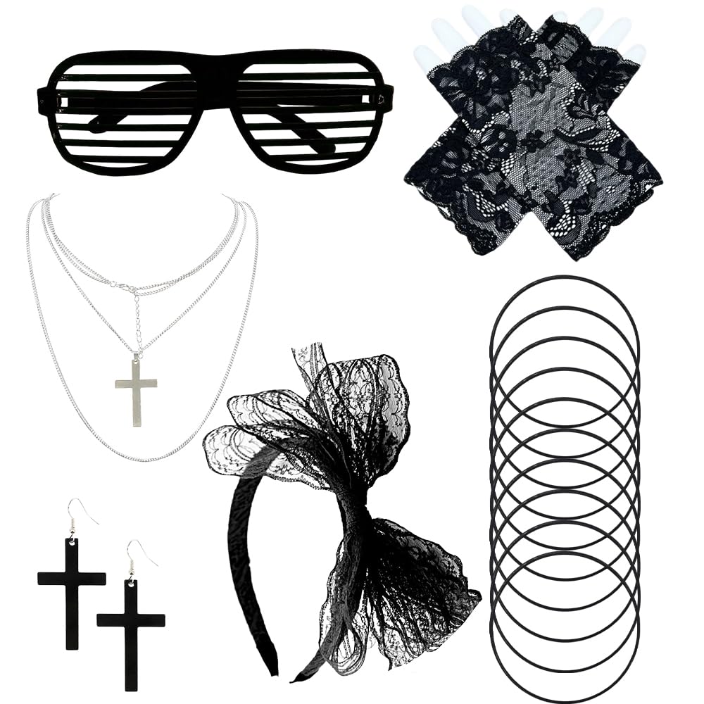 WFKKMEQ 80s Fancy Dress Costume Accessories, 6PCS 1980s Fancy Dress Accessories Retro Party Set with Lace Headband Earrings Fishnet Gloves Necklace Bracelet Glasses for Womens Party Carnival(Black)