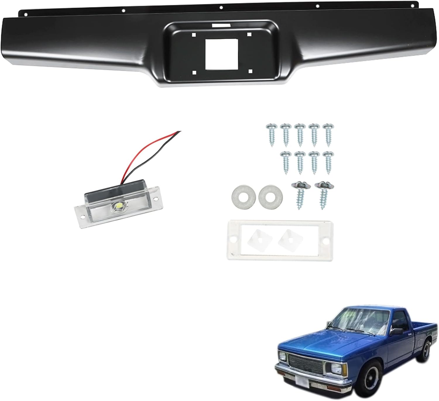 Rear Steel Bumper Roll Pan with License Light & Screws Black Replacement for 1982-1993 S10 S15 Sonoma Pickup
