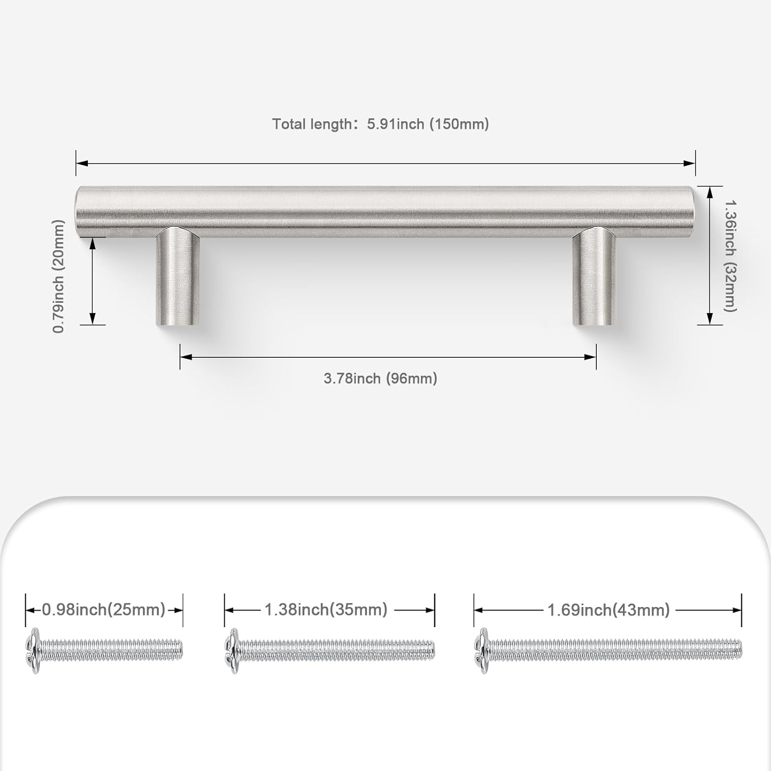 Probrico 30 Pack Hole Centers (96mm) 3-3/4inch Brushed Nickel Cabinet Pulls Stainless Steel Kitchen Drawer Handles Euro Style T Bar Dresser Pull Handle Length 150mm(6inch)