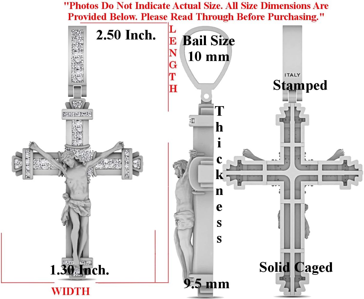 Real Genuine Authentic Natural Diamonds 0.60 Cwt. 14K Gold Finish Jesus Christ Crucifix Cross Crown Of Thorns Pendant Charm Chain Neckless 2.50 Inch.