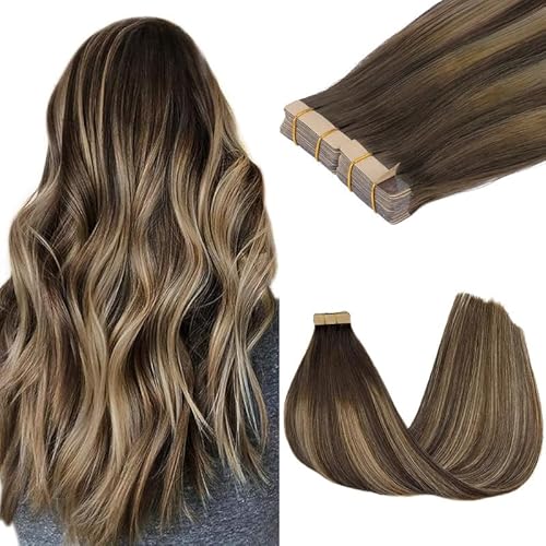 GOO GOO Tape in Hair Extensions Human Hair, 4/26/4 Balayage Chocolate Brown to Honey Blonde, 20inch 100g 40pcs, Skin Weft Seamless Invisible, Silky Straight with Thick Ends, Remy Human Hair