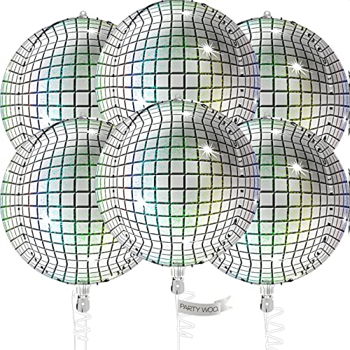 PartyWoo Silver Disco Ball Foil Balloons 6pcs 22 Inch Large Round Foil Big Giant 4D Jumbo Inflatable Mirror Ball Mylar Balloons for Graduation Birthday Engagement Space Themed Party Decorations