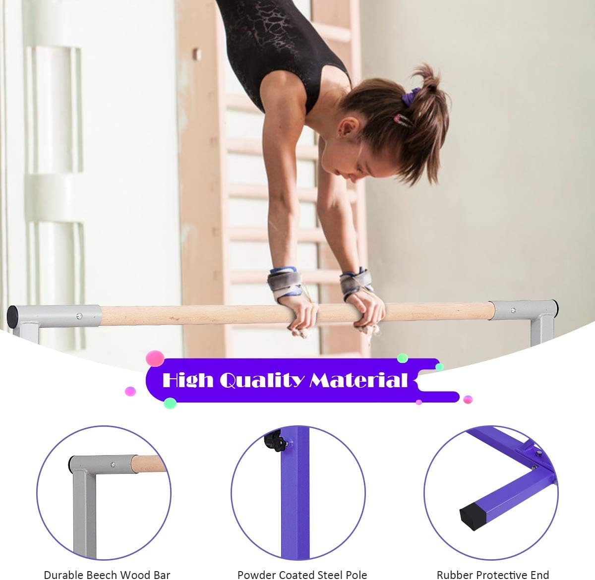 GYMAX Gymnastics Bar, Junior Training Steel Bar Height Adjustable, Gymnastics Equipment for Kids Home Training