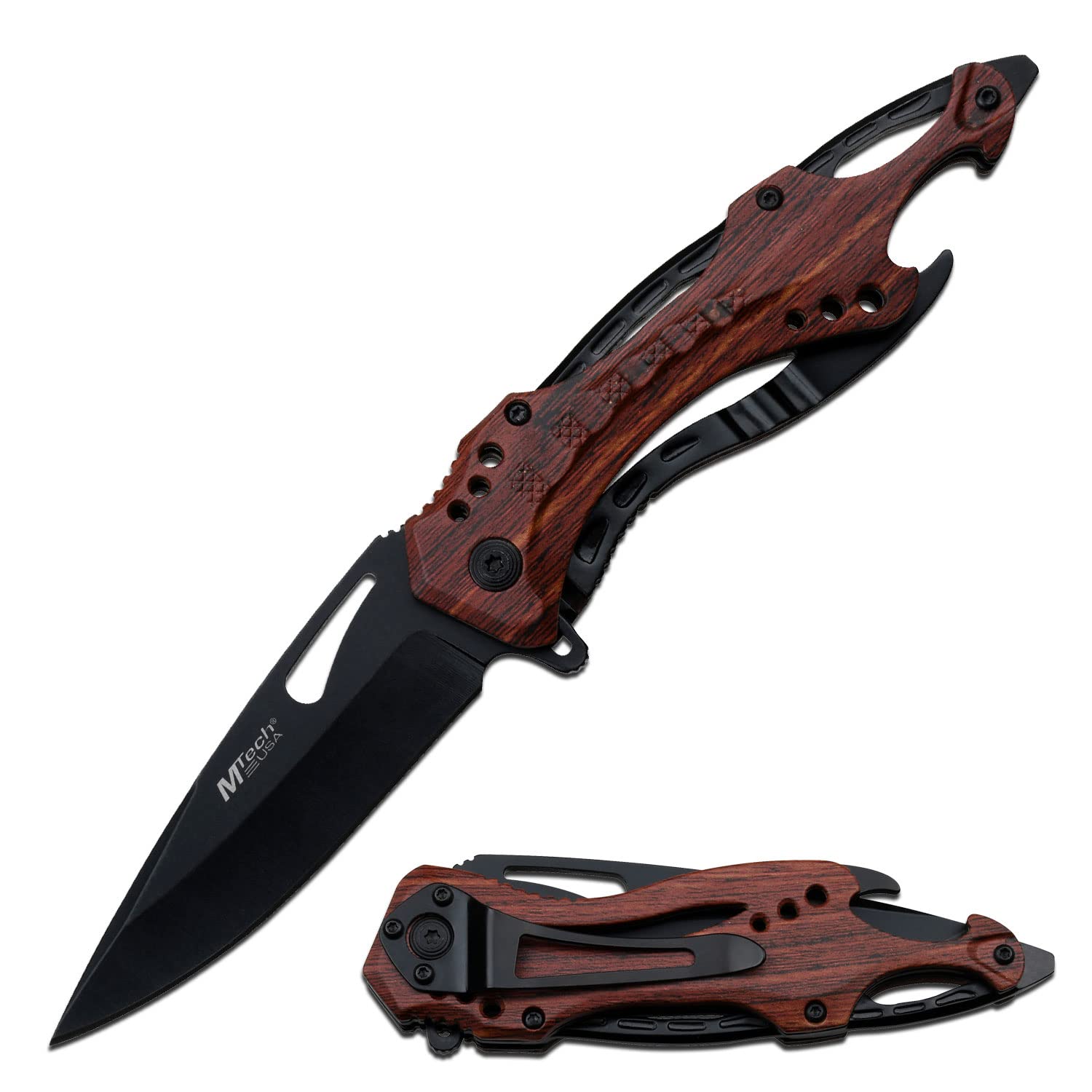 MTECH USA Folding Knife, 3.75-Inch Half-Serrated Blade, Titanium Coating, Glass Breaker, Pocket Clip