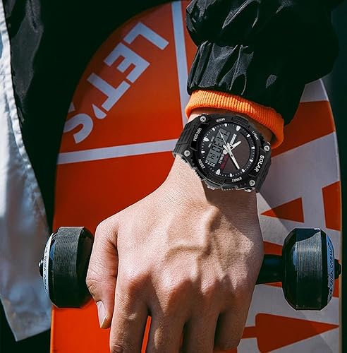 Miniatura 4 de FANMIS Reloj de pulsera de cuarzo casual con energía solar para hombre, analógico, digital, multifuncional, negro, reloj deportivo