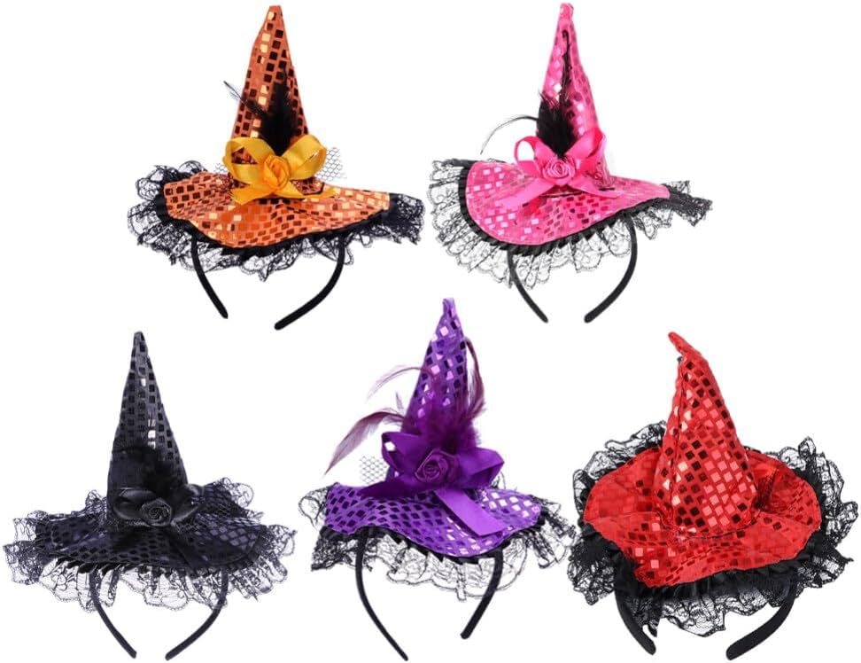 FRCOLOR Halloween Headbands Witch Hat Headbands 5pcs Sequins Witch Hat Hair Hoops Hairband Pointy Headdress Hair Decor for Party Cosplay Prom Halloween Decor