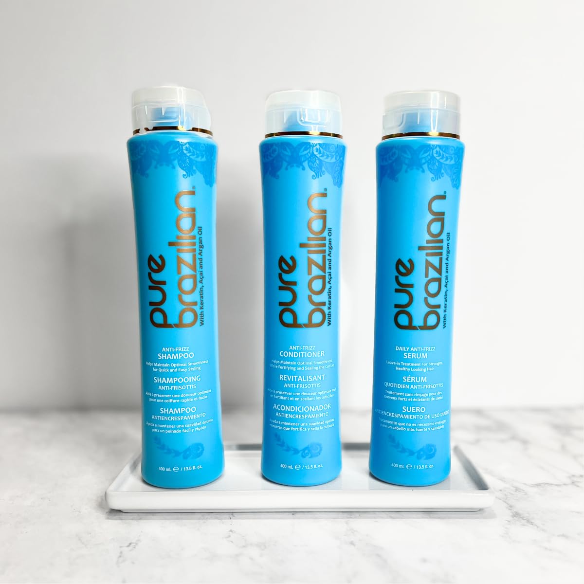 Pure Brazilian Anti-Frizz 3-Piece Kit: Hydrating Shampoo, Nourishing Conditioner & Restorative Serum, Enriched with Keratin and Argan Oil for Smooth, Silky Hair - Complete Haircare Set - Image 5