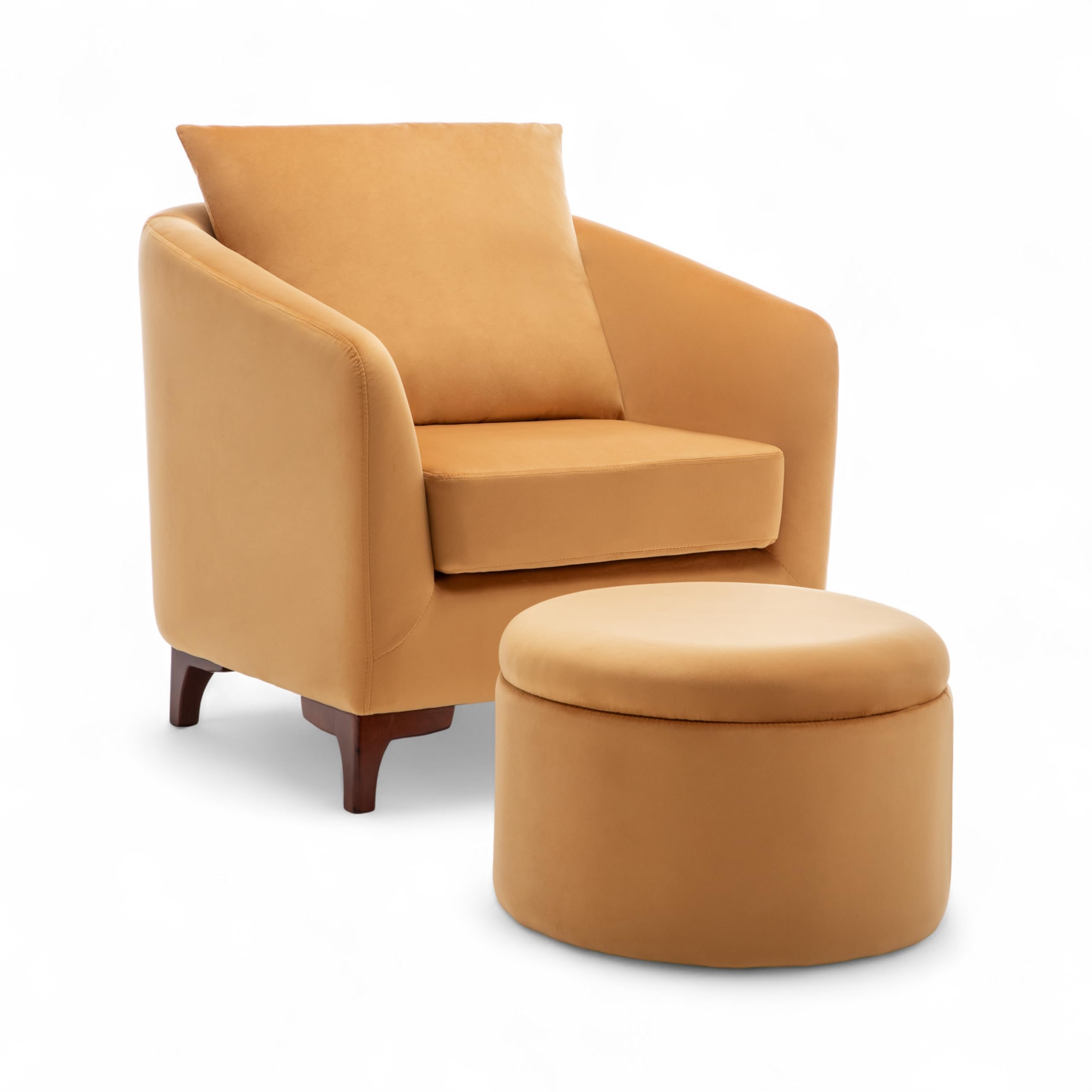 Gold Velvet Tub Chair with Footstool and Cushion - Comfortable Armchair with Wooden Legs for Reading, Relaxing and Guests, Small Bucket Chair for Living Room, Waiting Room and Corner Nook - ANGELA