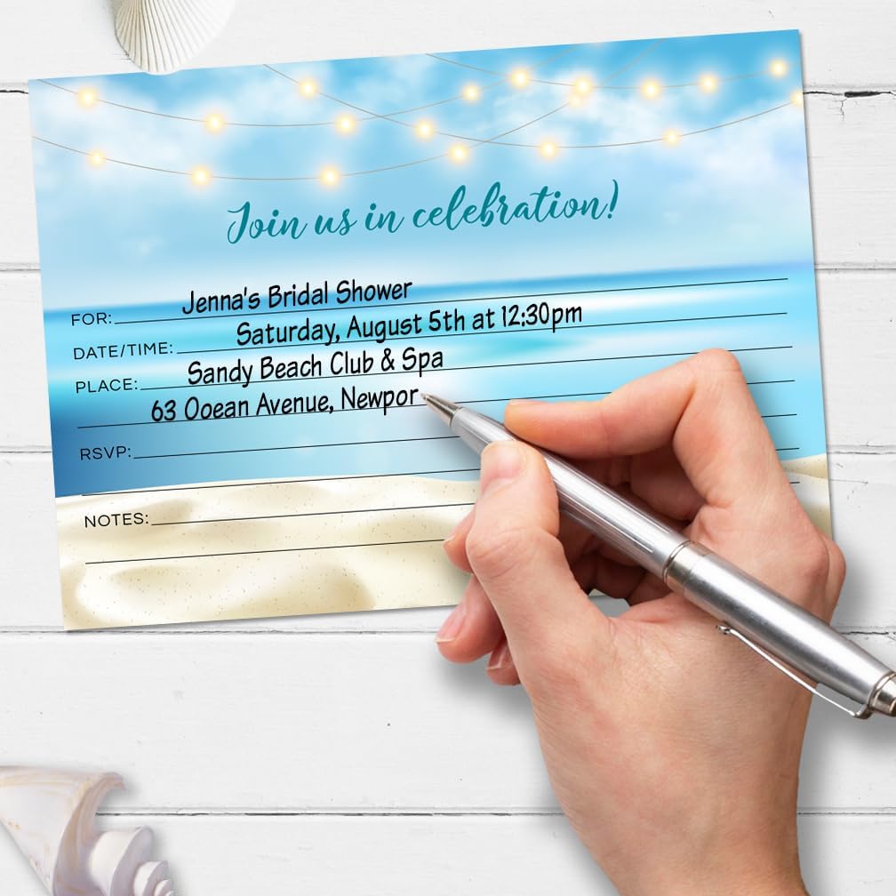 Ocean Beach Fairy Lights Party Invitation, Set of 20 Fill-in Blank 5x7 Invites and Envelopes (Uncoated white cardstock)