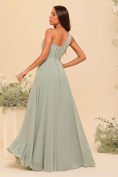 RSOETOO Chiffon One Shoulder Bridesmaid Dresses with Slit A-Line Long Formal Party Dress with Pockets RON022, Dusty Rose, 20 Plus