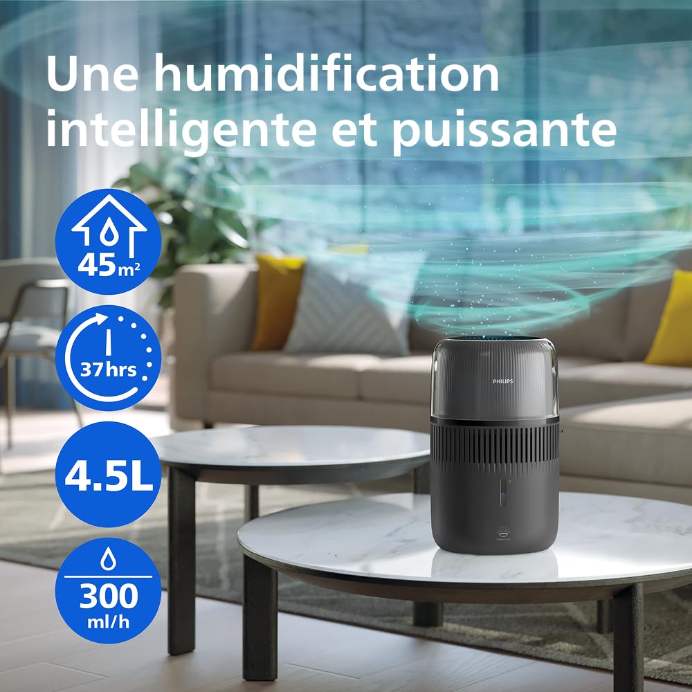 Philips Humidificateur d'air Série 5000 - jusqu'à 45m², débit de 300ml/h, silencieux 12dB, NanoCloud 99% bactéries en moins, 4.5L, mode sommeil, minuteur, connecté, aromathérapie, Noir (HU5600/03)
