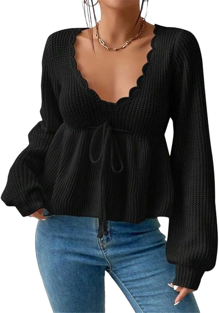 Women's Solid Drawstring Tie Front Scallop Trim Crop Sweater