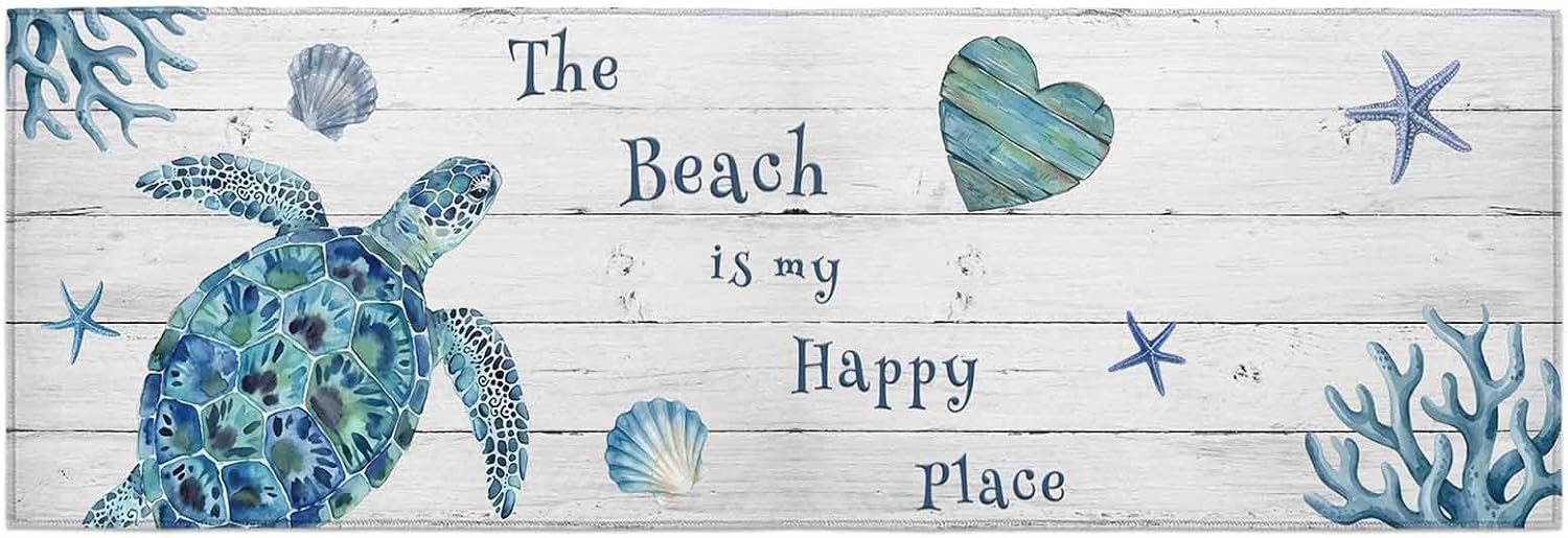 Teamery Kitchen Mats for Floor Summer Beach Shell Starfish Washable Non Slip Kitchen Rugs 1PCS, Country Wooden Plank Absorbent Standing Mats for Sink Bathroom Office Living Room 23.6x70.9in