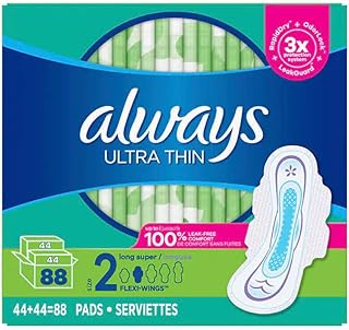 Always Ultra Thin Long Super Pads, Unscented with Wings, 88 Count