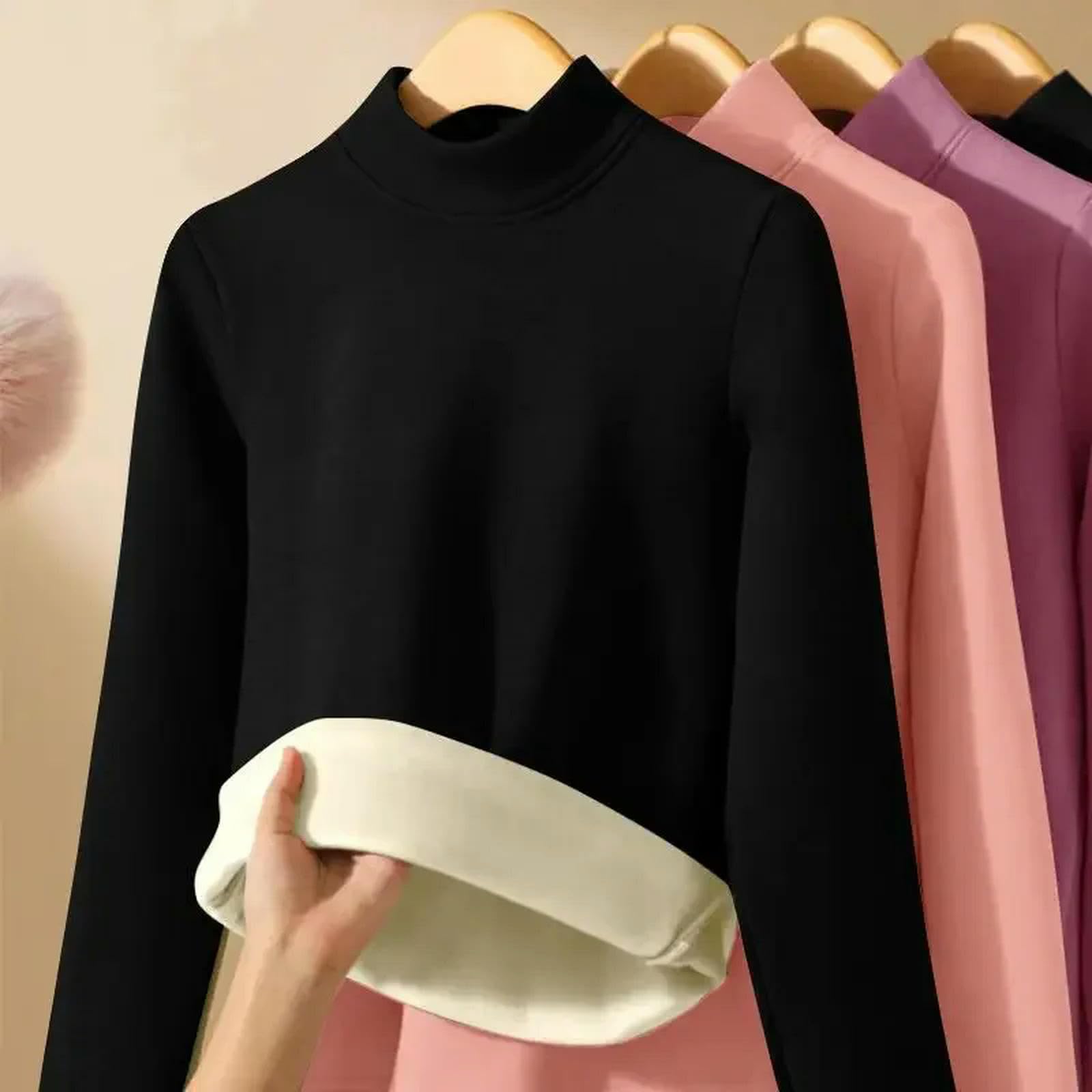 Intimo Termico Doppio Sided Velluto Biancheria Intima Termica per Le Donne Set di Spessore Intimo Autoriscaldamento Bottoming High Collar Top + Pantaloni-Nero-l