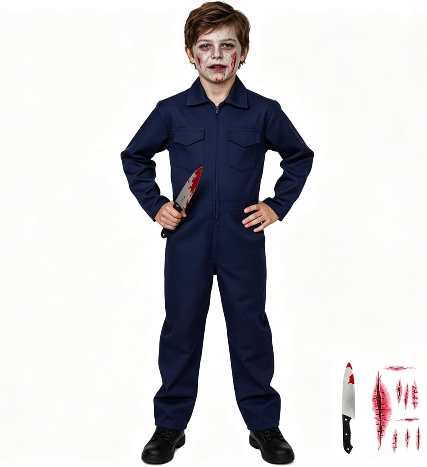 Michael Costume Kids with Knife Horror Scary Bloody Boiler Suits Jumpsuit Coverall Workwear Gift for Halloween Carnival World Book Day