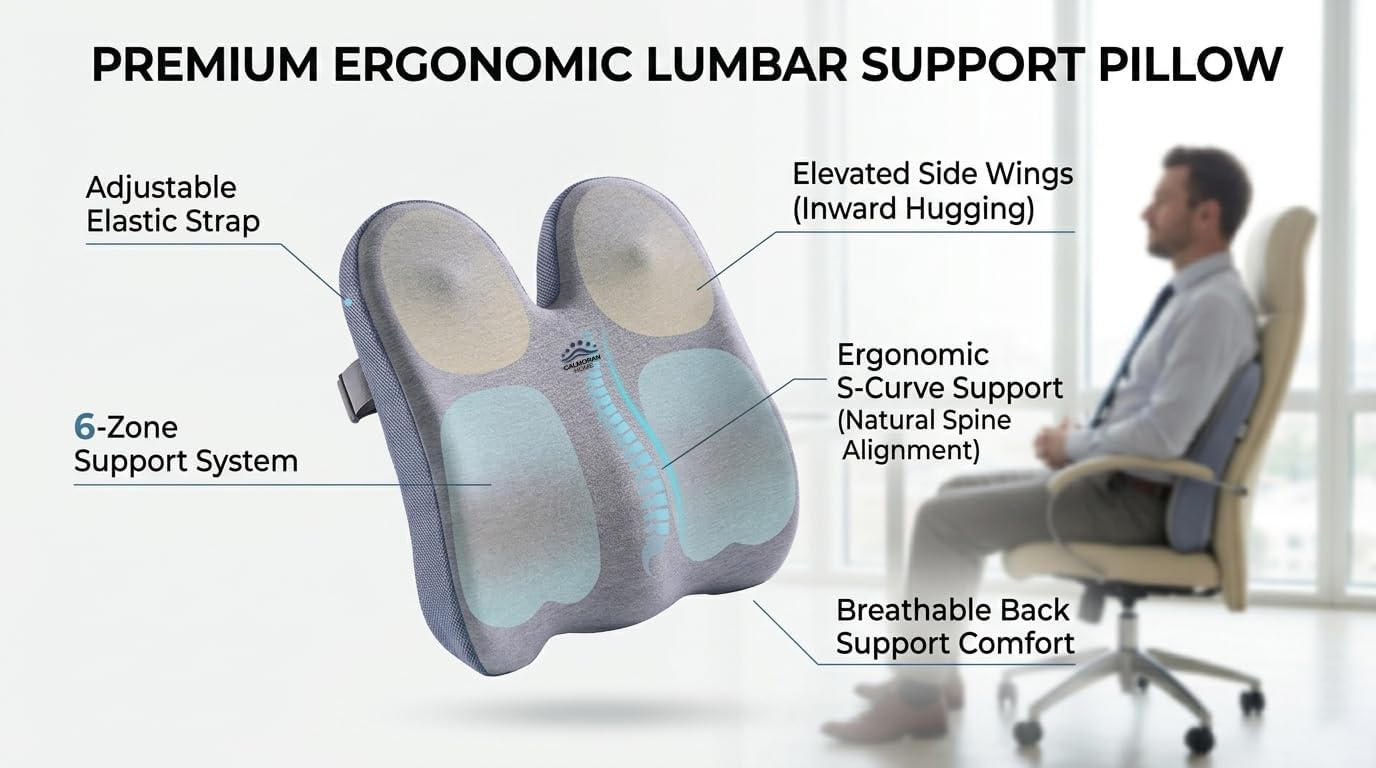 Seat Cushion Lumbar Support Pillow Set with Adjustable Strap