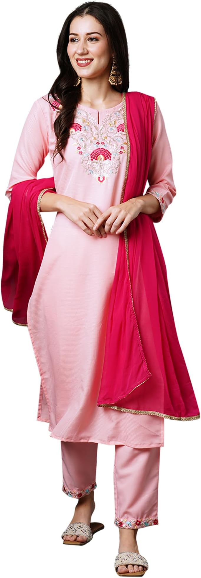 INDO ERA Women's Viscose Embroidered Straight Kurta Trouser With Dupatta Set (IEOUT5140)