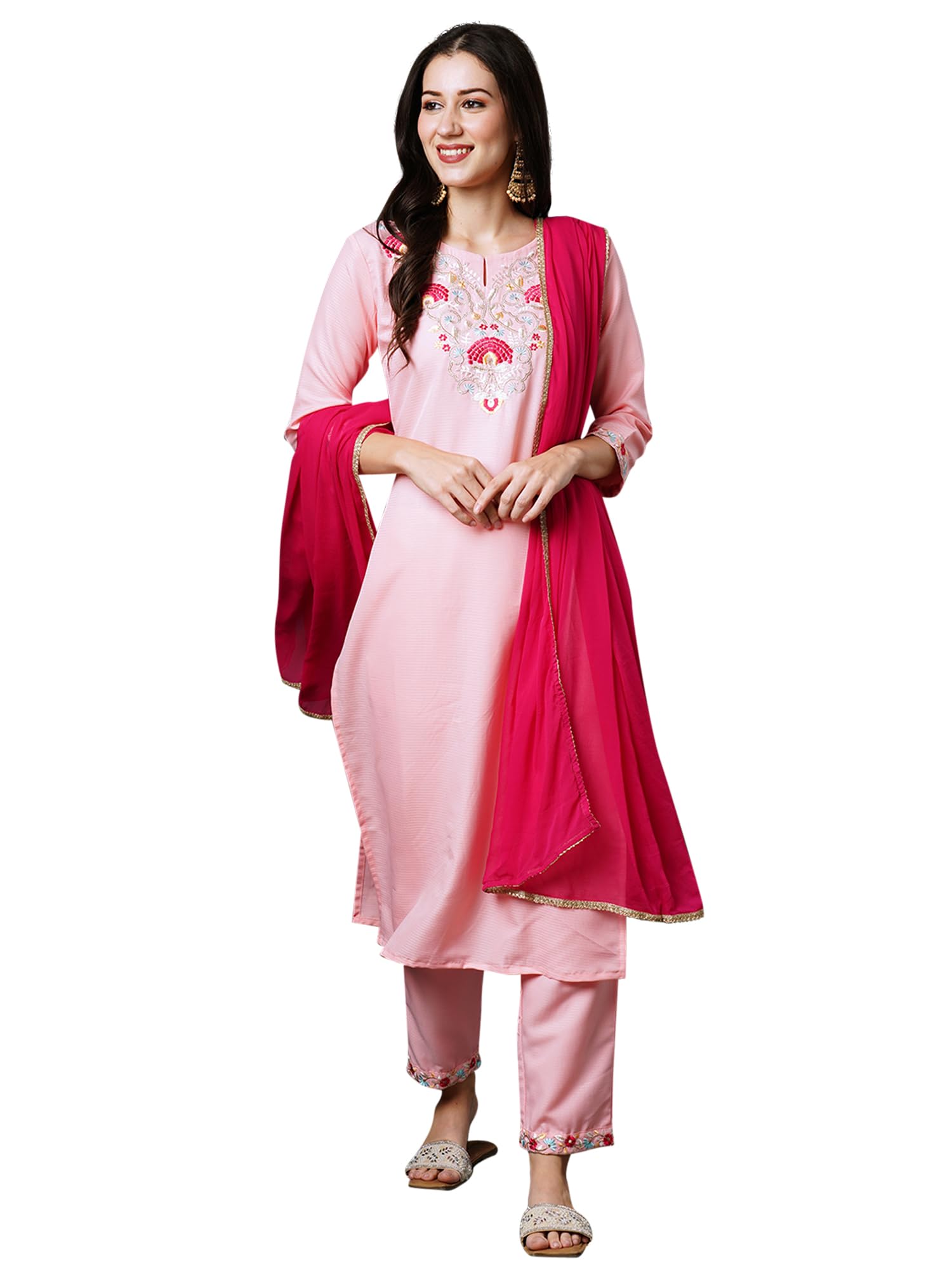 INDO ERA Women's Viscose Embroidered Straight Kurta Trouser With Dupatta Set (IEOUT5140)