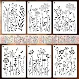 UpChoNice 6 PCS Stencils for Crafts Reusable, Large Wildflower Wall Stencil Set, Modular Floral Painting Templates for Walls, Wood, Furniture, Fabric, Easy-Clean Art Stencils for DIYers, Artists