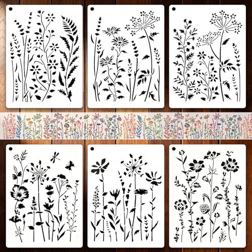 6 PCS Wildflower Stencils for Painting, Reusable Large Floral for Crafts