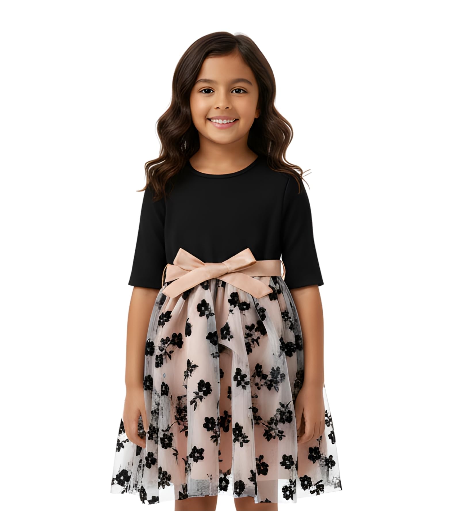 PAMBERSTON Girl's Embroidered Floral Pattern Net Blend Dress with Round Neck Half Sleeve Knee Length and A-Line Style Black 4