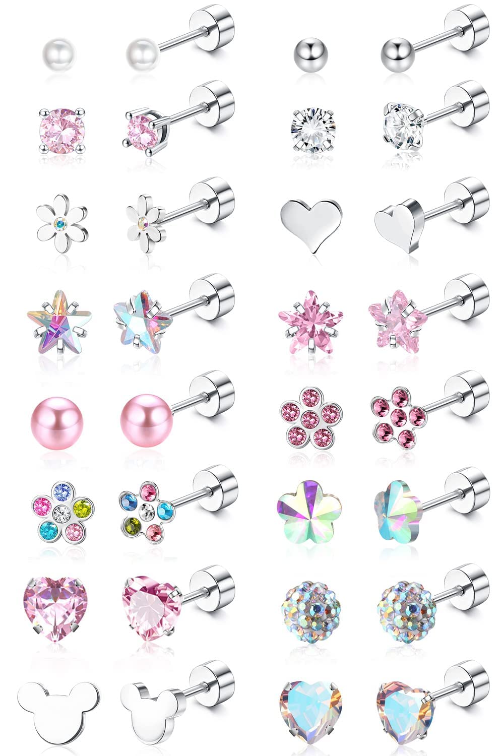 Diamday 16 Pares Pequenos Pendientes para Mujeres Niñas Acero quirúrgico 20G Pendientes Pequeño Cartílago CZ Corazón Flor Estrella Multicolor Bola Screwback Flat Back Stud Pendientes Set