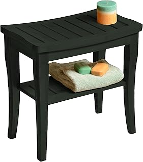 Black Shower Bench - Small Wooden Shower Stool with Storage Shelf, Non-Slip Bathroom Seat, Spa Decor Bath Bench, Foot Rest Shaving Stool for Shower, Indoor Outdoor Use, Great Gift Idea (17" x 9 x 17)