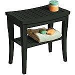 Black Shower Bench - Small Wooden Shower Stool with Storage Shelf, Non-Slip Bathroom Seat, Spa Decor Bath Bench, Foot Rest Shaving Stool for Shower, Indoor Outdoor Use, Great Gift Idea (17 x 9 x 17)