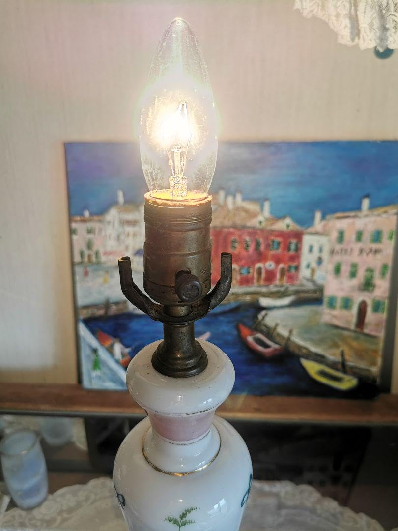 アンティーク ランプスタンド&電球 ハンドペイント 小花リボン手描き