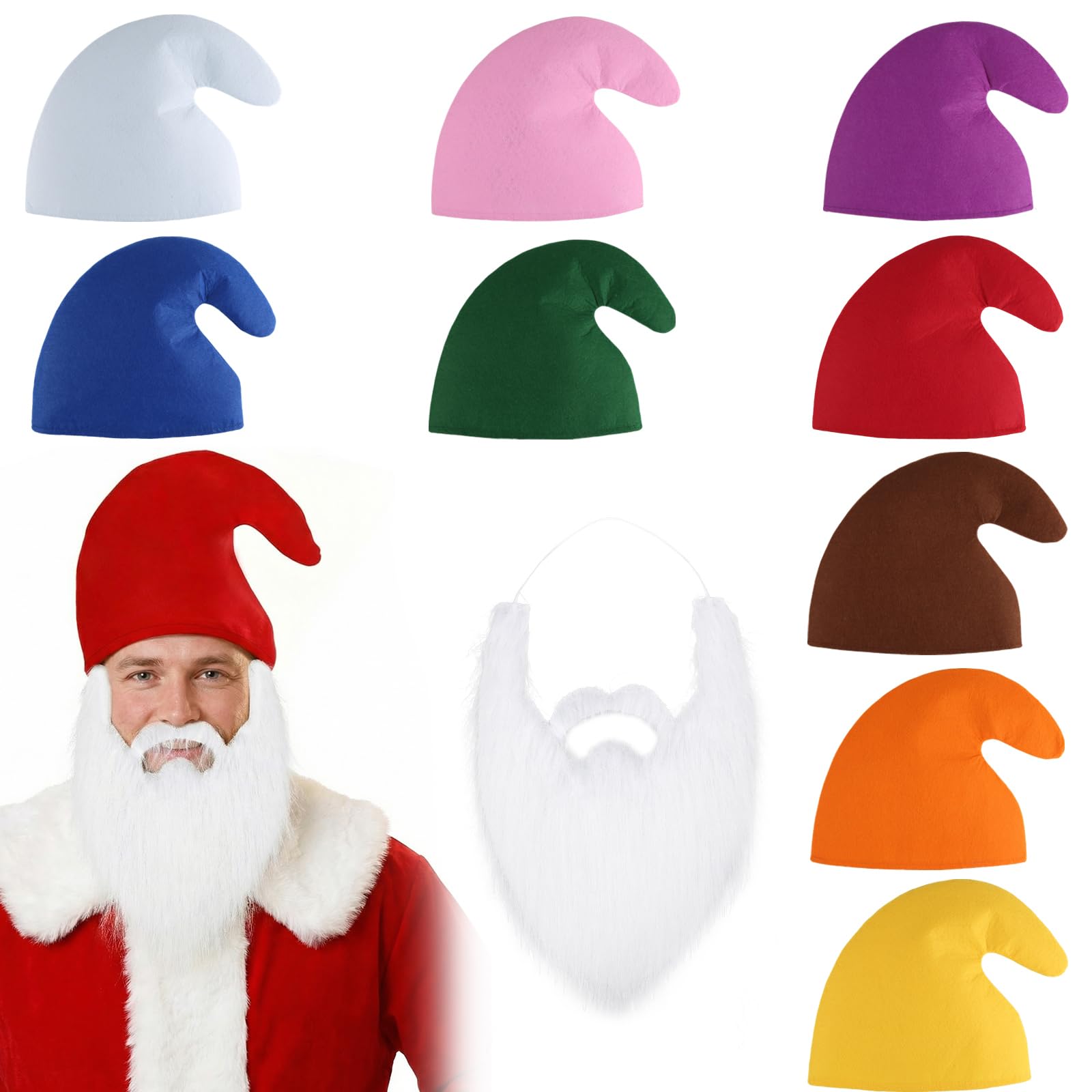 9 Piezas Sombrero de Enano, Gorro de Elfo con Barba Postiza, Gorro de Pitufo de Colores, Sombrero Puntiagudo para Adultos Niños Carnaval, Regalos Festivales, Fiestas Temáticas