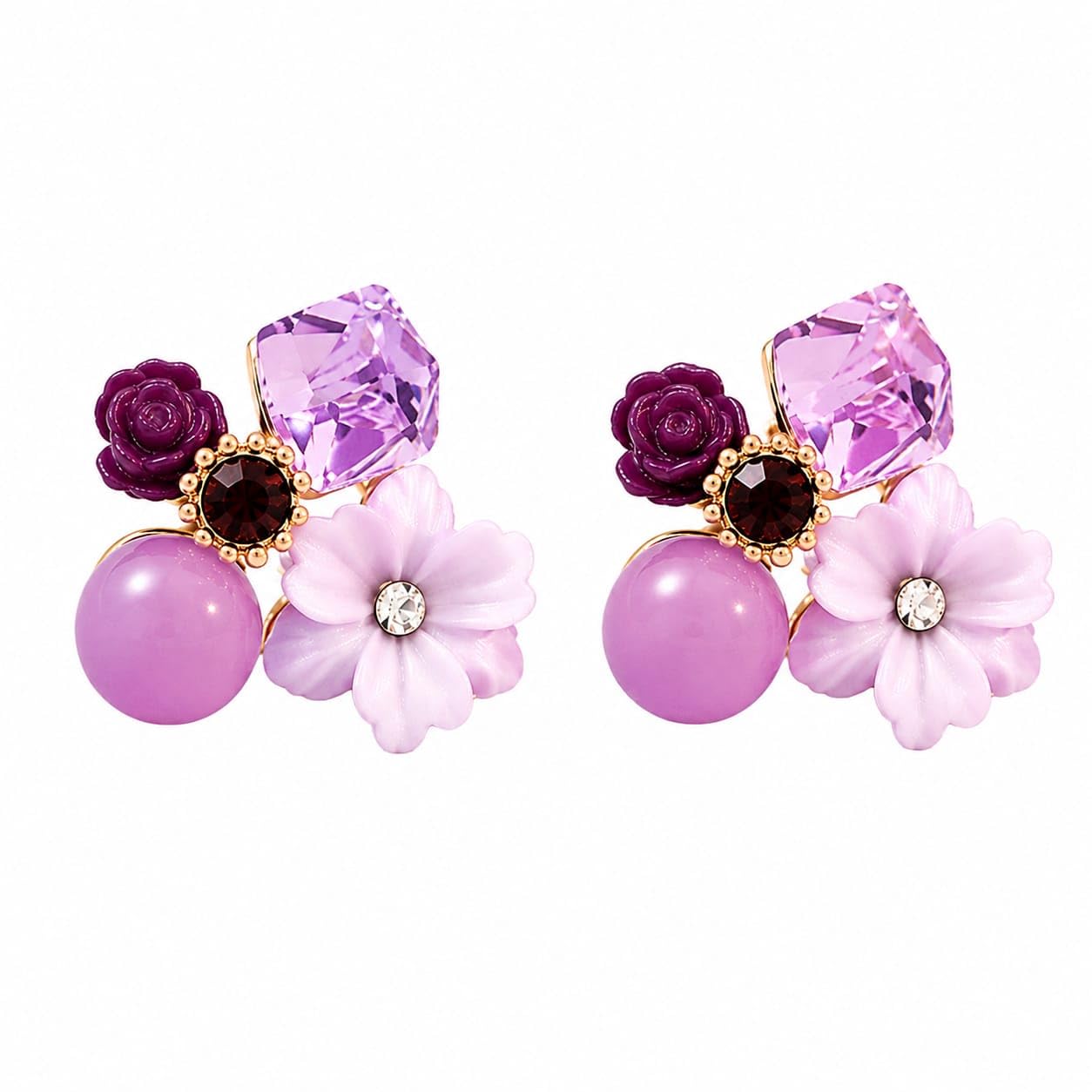 Korean Style Purple Flower Crystal Stud Earrings for Women & Girls | Elegant Gold Plated Floral Fashion Earrings | Lightweight Daily Wear Jewellery | Gift for Women-image-33