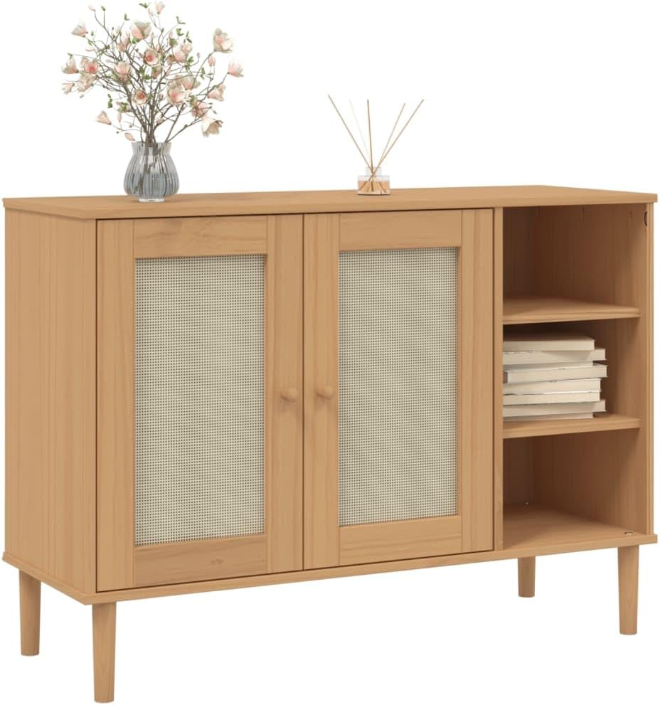 Brown Sideboard with Rattan Look, Solid Pine and Engineered Wood, 5 Compartments for Ample Storage, Modern Buffet Cabinet for Dining Room Living Room Hallway