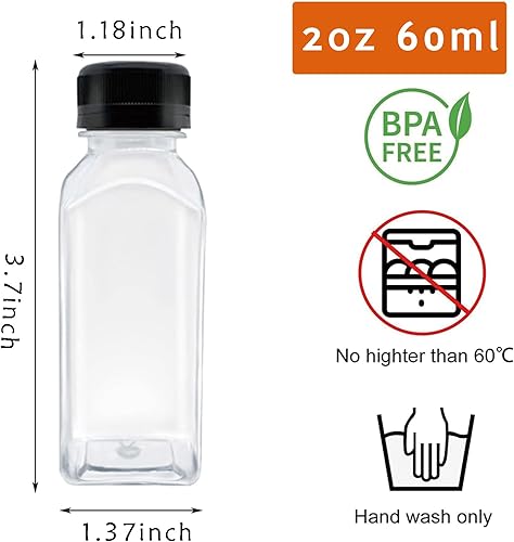 Miniatura 4 de Paquete de 10 botellas pequeñas de plástico para jugo de 2 onzas con tapas, 10 unidades, etiquetas, embudo y cepillo, mini botellas reutilizables de