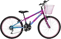 Bicicleta Feminina Infantil Aro 24 Quadro Wendy Adesivo Brilhoso 18 Marchas Com Cestinha Dianteira Rosa