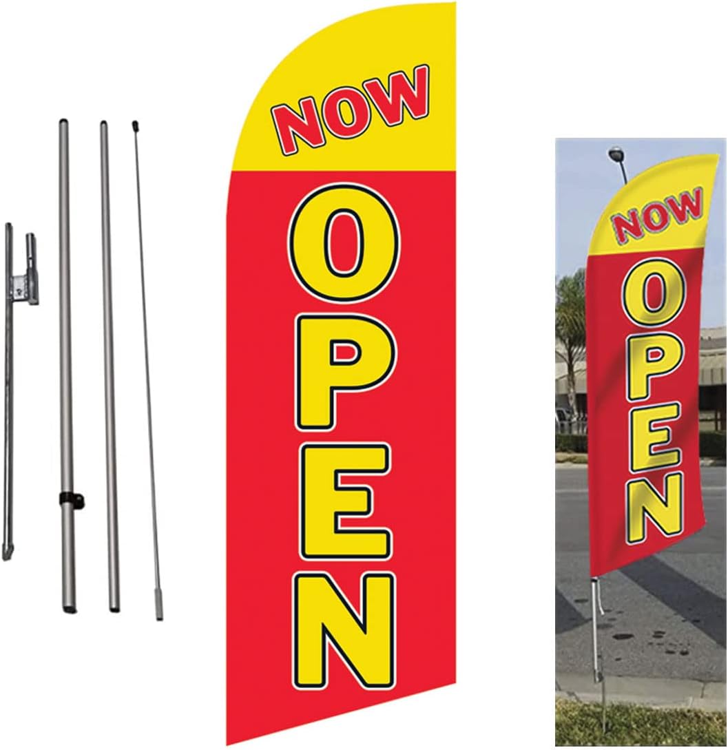 NOW OPEN Advertising Swooper Feather Flag Banner with Pole Kit and Ground Stake (Blue/Black) - Perfect for Outdoor Banner Signs