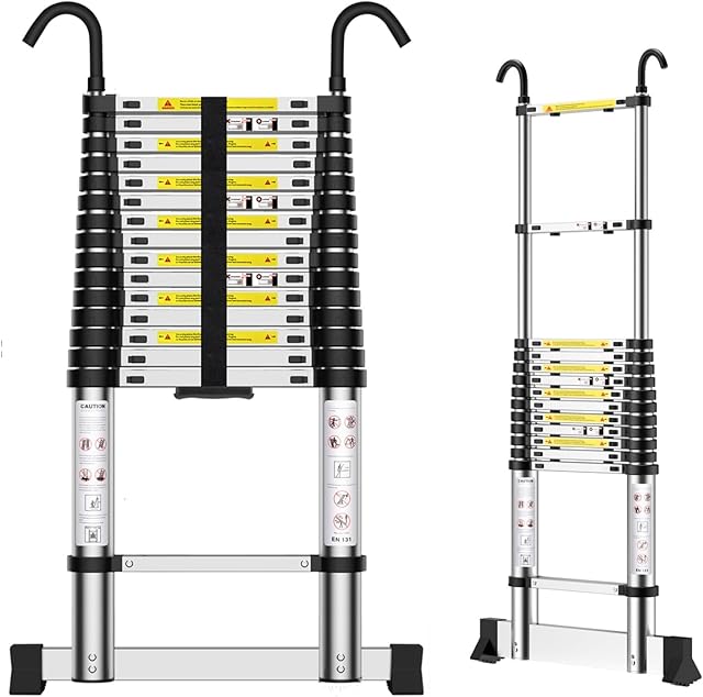 Teenza 6.2M Telescopic Ladder, Extension Ladder with Hooks and Stabilizer, Portable Loft Ladders Aluminium, Max Load 150kg/330lb