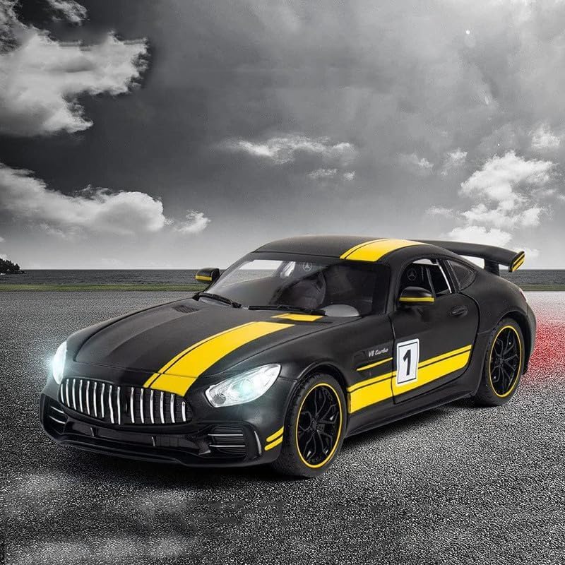 Image of Kids Model 1:24 Benz AMG GTR Die Cast Metal Car Pull Back Action Opening Doors with Realistic Engine Sound Lights Toy Car Gift for Boys - Yellow