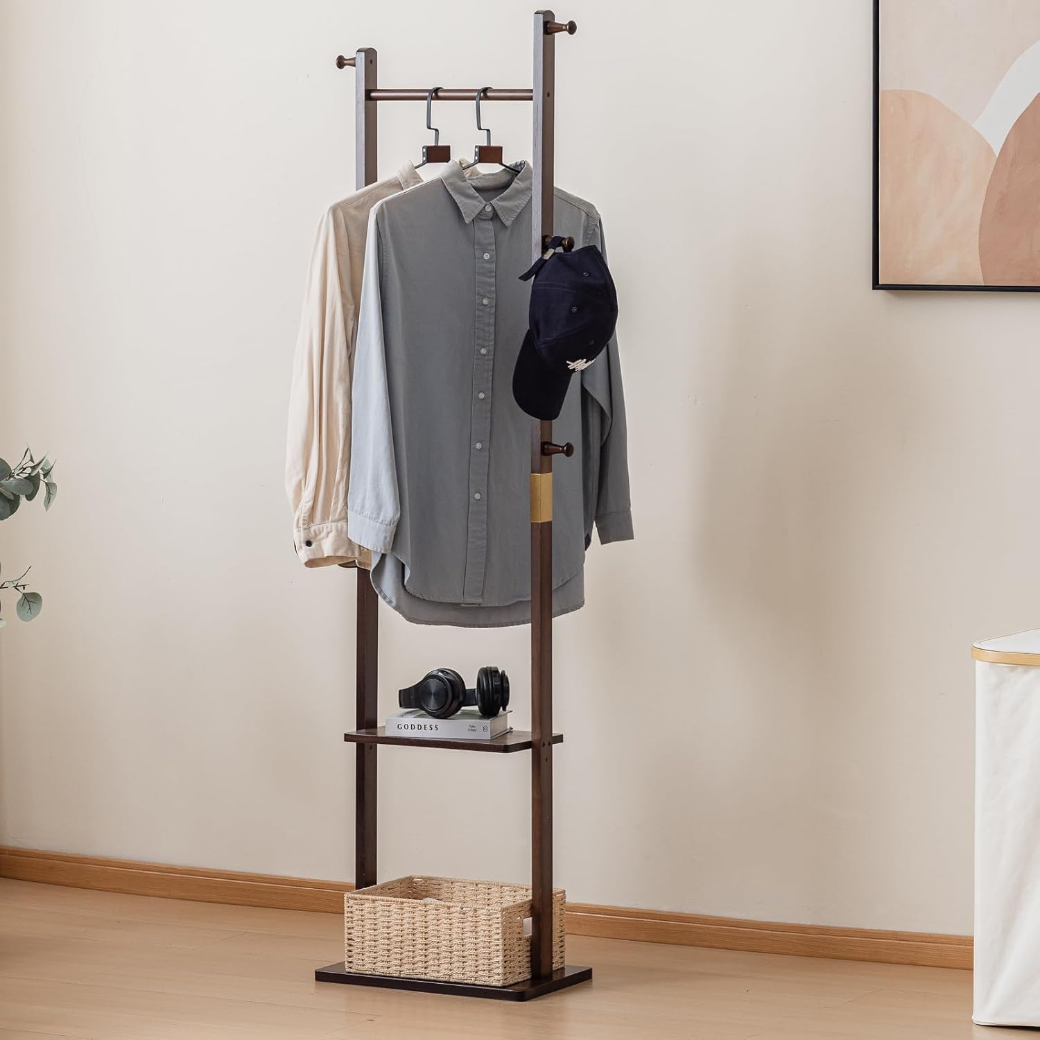 Clothes Rack Solid Wood Coat Rack with Shelves and Hooks – Garment Clothing Rack Coat Rack with Storage for Hallway, Bedroom, Living Room, 15.75 inch, Walnut