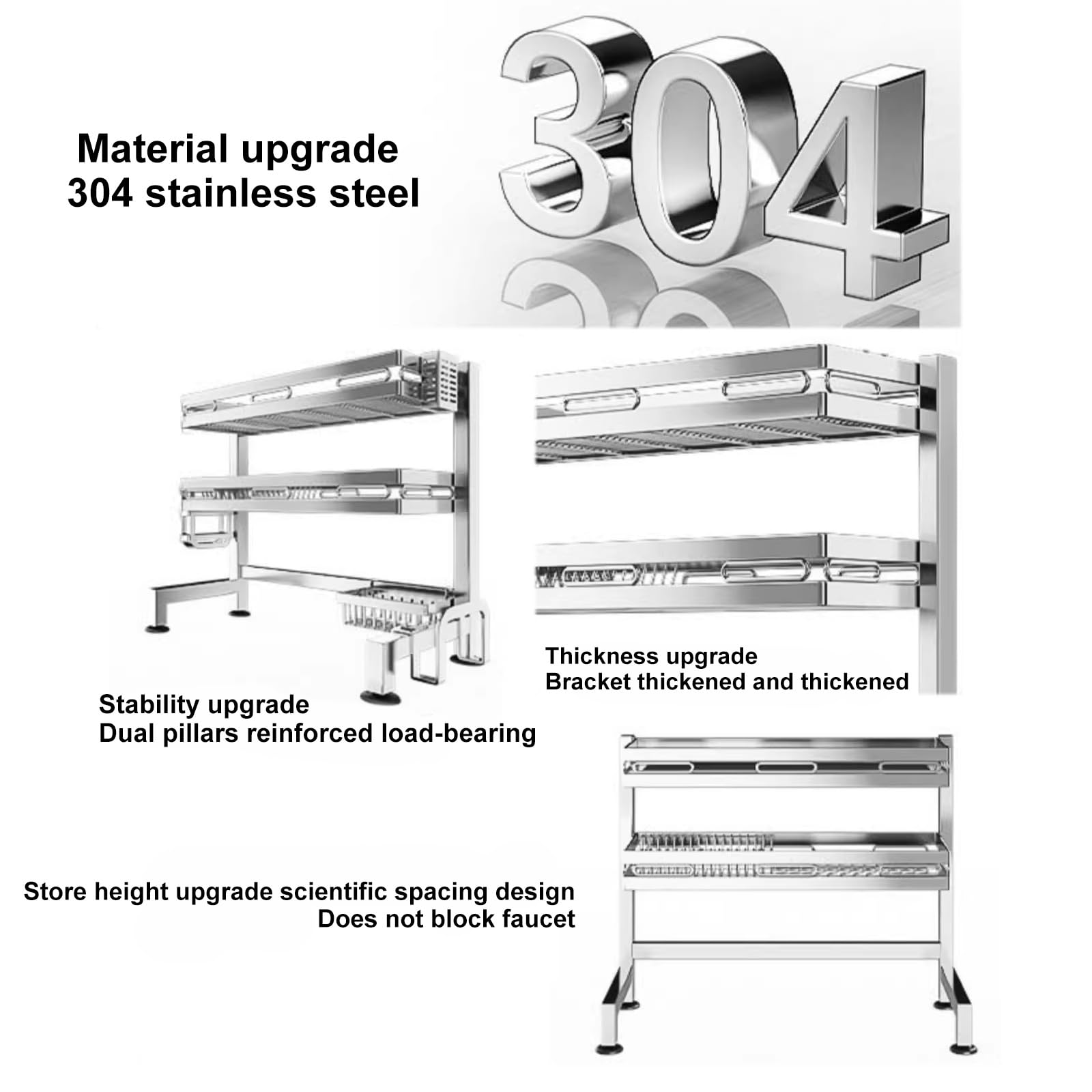 Abtropfgestell aus Edelstahl für die Spüle, groß, 84 cm, Abtropfgestell für Geschirr, Gläser, Schüsseln und Besteck