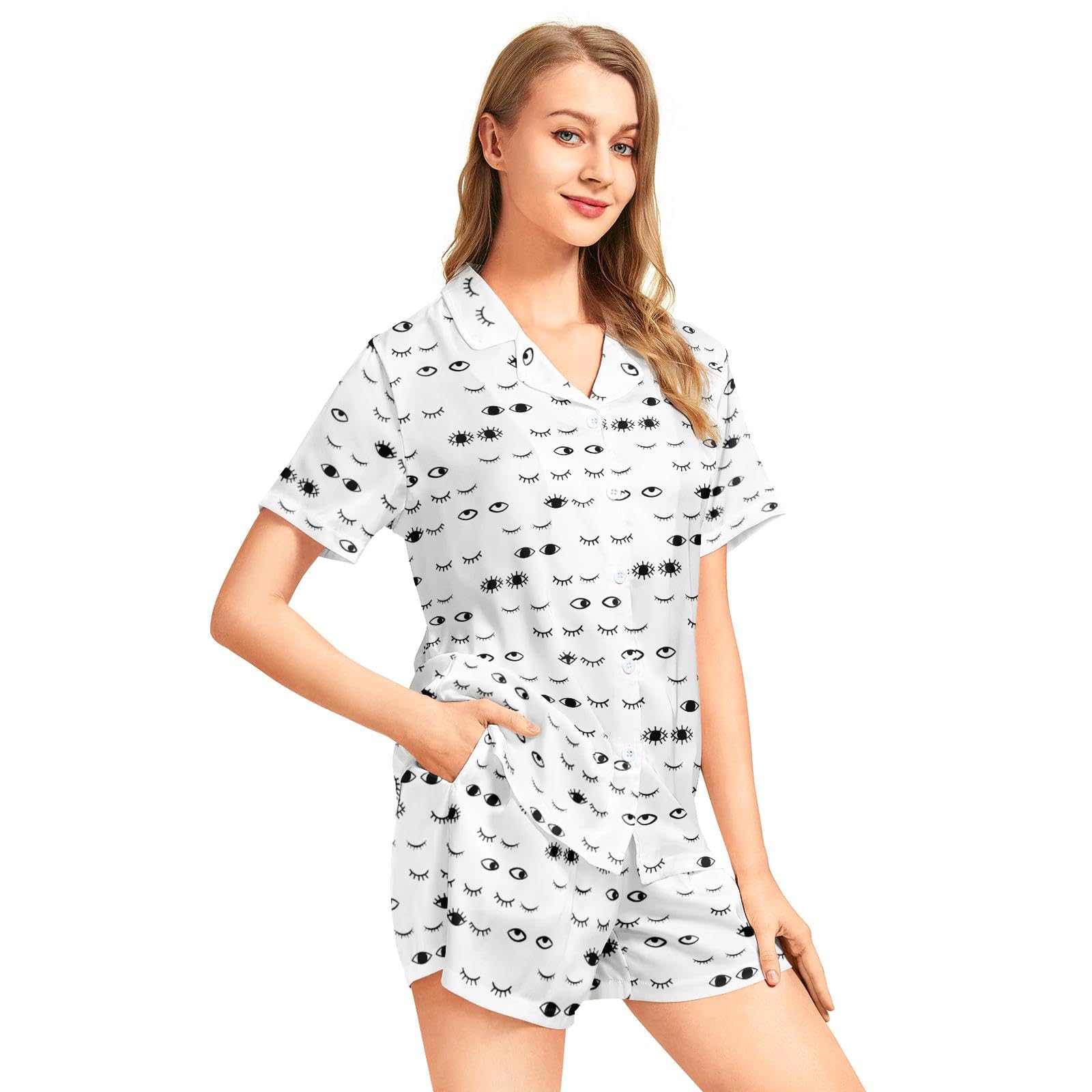 Funny Pajamas for Women Set Print Satin Loungewear Pjs Short Sleeve Button Down Top and Shorts Sets Sleepwear XS-3XL
