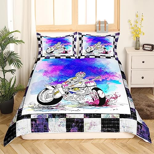 richhome Motorcycle Theme Duvet Cover Double Size Size,Racing Speed Colorful Tie Dye Super Soft Bedding Set for Boys Men,Black White Geometry Checkers Comforter Cover Bedding 3 Piece (No Comforter)