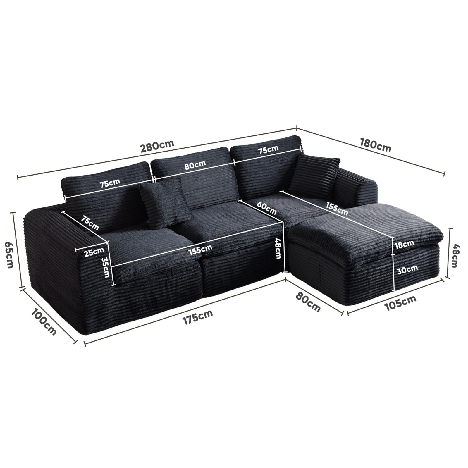 Sofá Modular Salón en Forma de L 3 Plazas Negro Pana Moderno