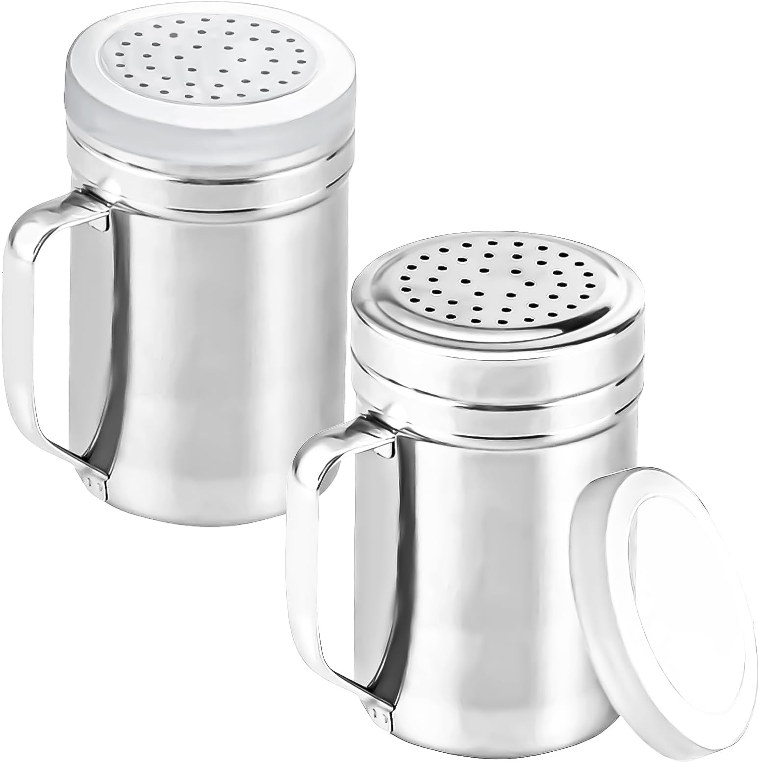 2Pcs Metal Salt Pepper Dredge Shakers, Stainless Steel Pepper Shaker Seasoning Jar With Handle, With Hole And Cover, Suitable For Pepper, Cinnamon And Coffee Spice Jars (Large-14OZ)